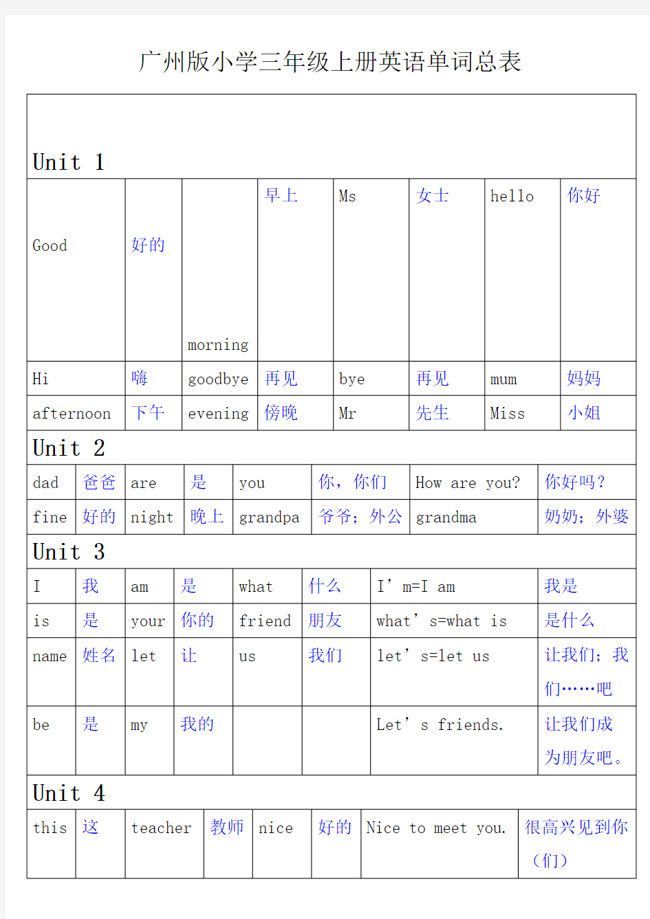 广州版小学三年级上册英语单词总表