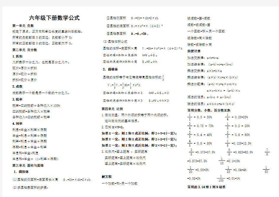 六年级下册数学公式46724培训资料