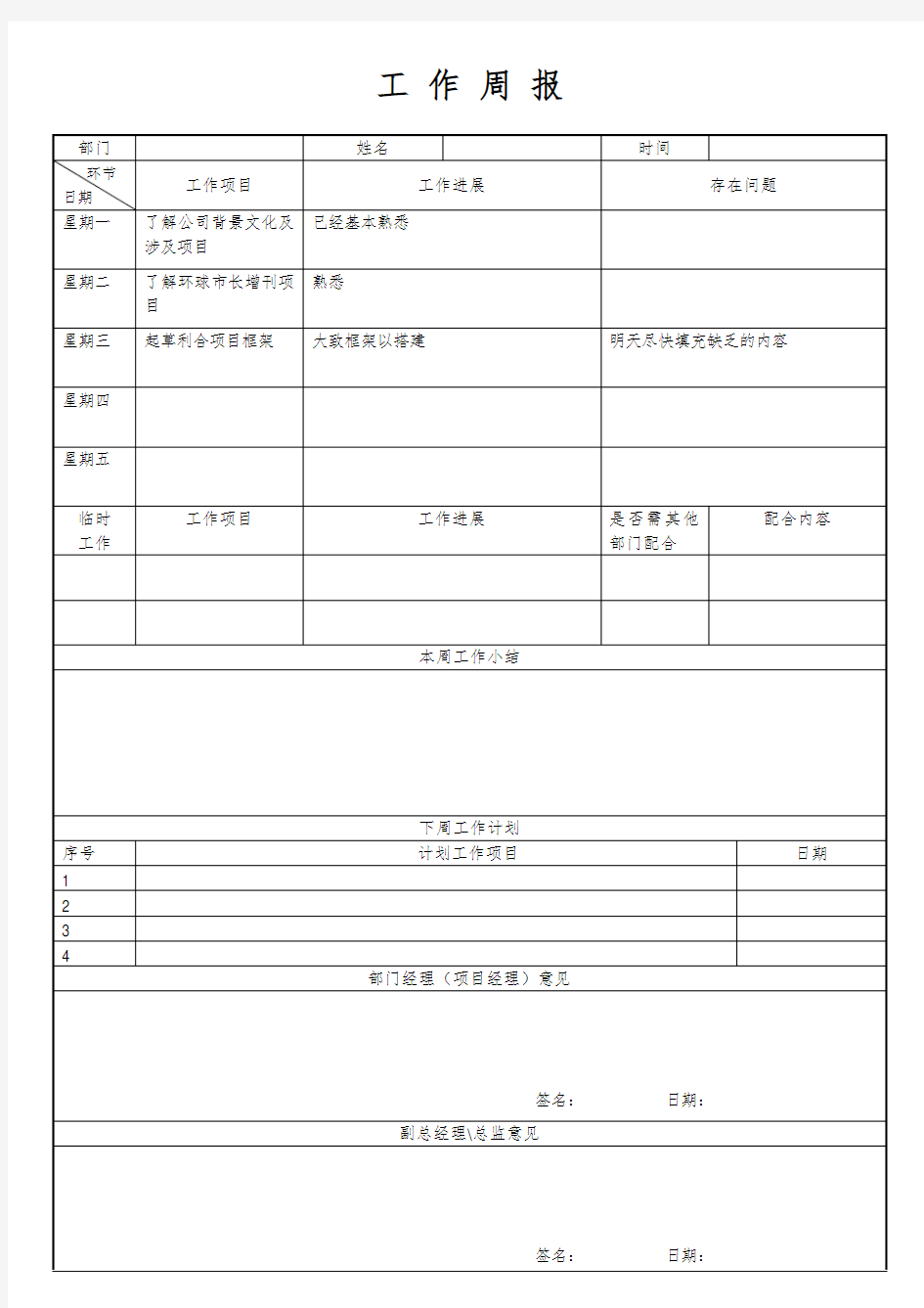 工作周报模板