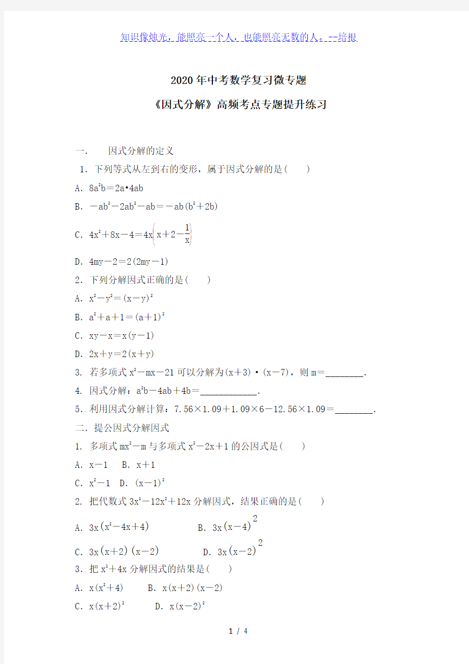 2020年九年级中考数学复习微专题《因式分解》专题提升练习(无答案)