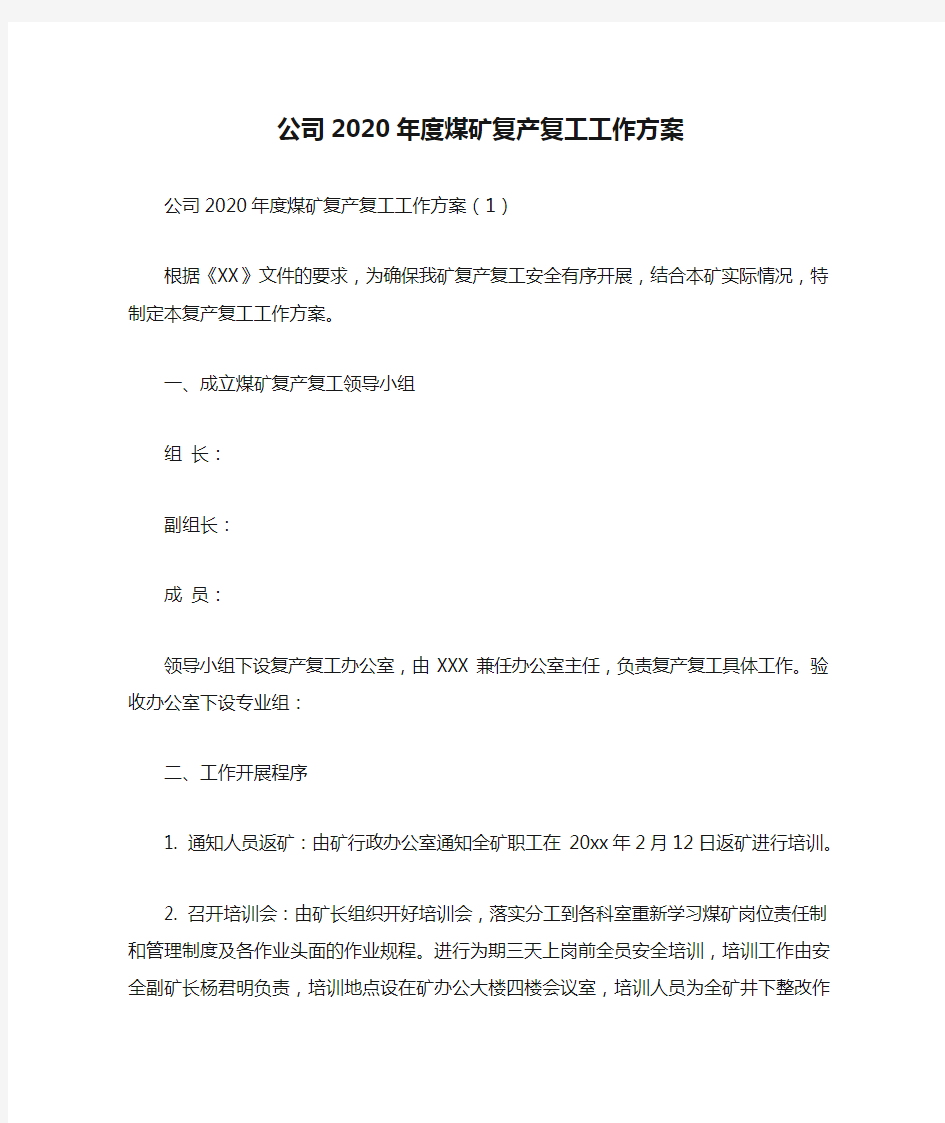 公司2020年度煤矿复产复工工作方案