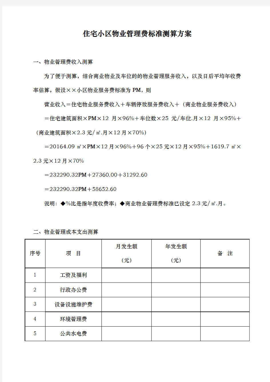 住宅小区物业管理费标准测算方案