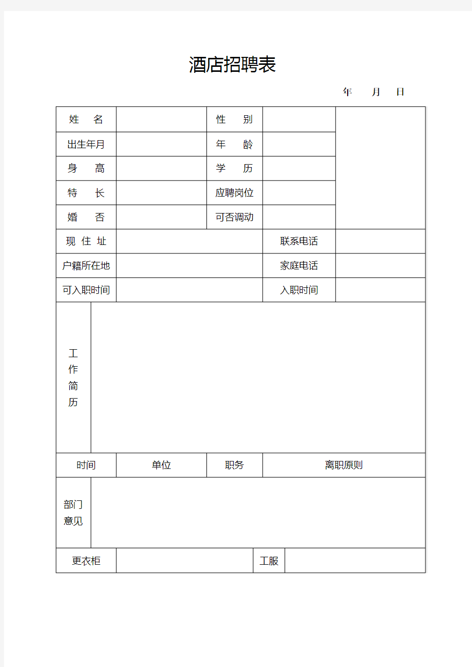 酒店招聘表