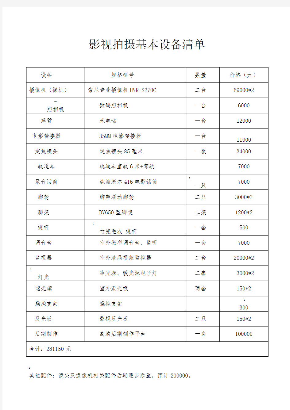 影视拍摄基本设备清单