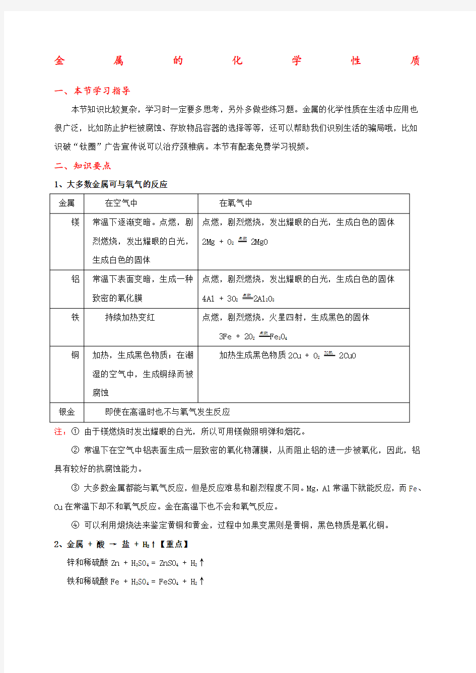 九年级化学《金属和金属材料》金属的化学性质知识点 