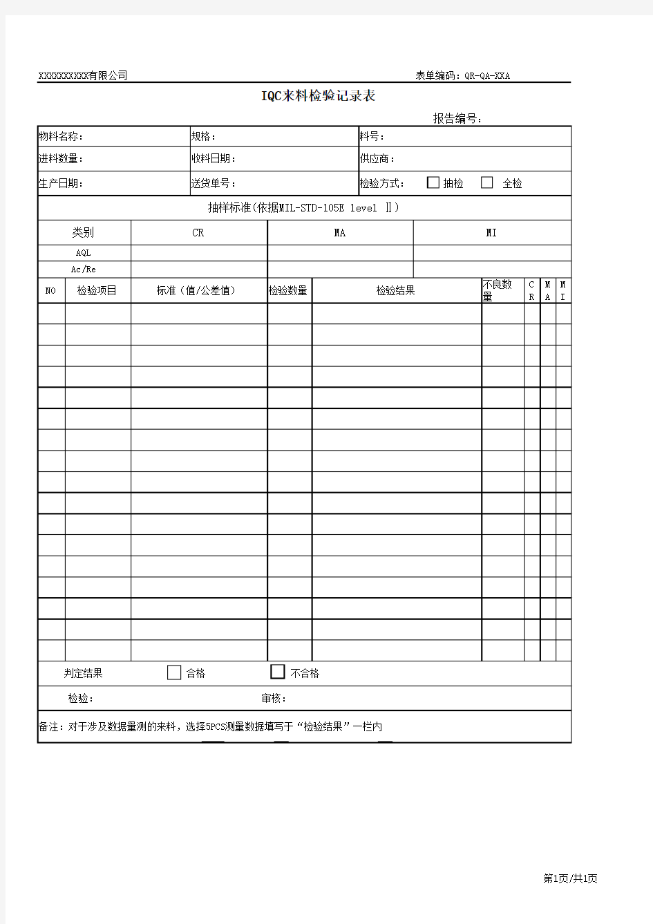 IQC来料检验记录表