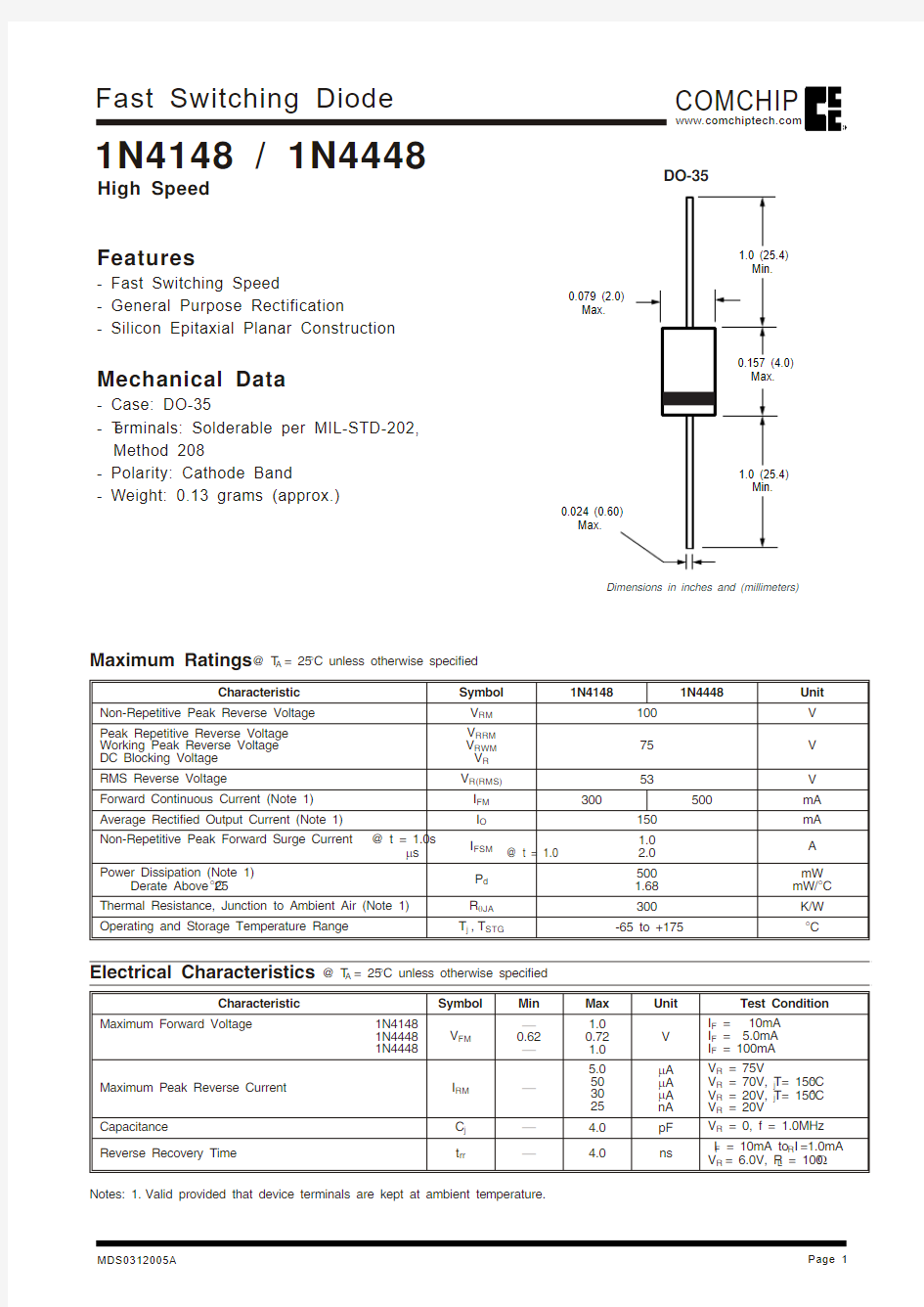 1N4148-G;中文规格书,Datasheet资料