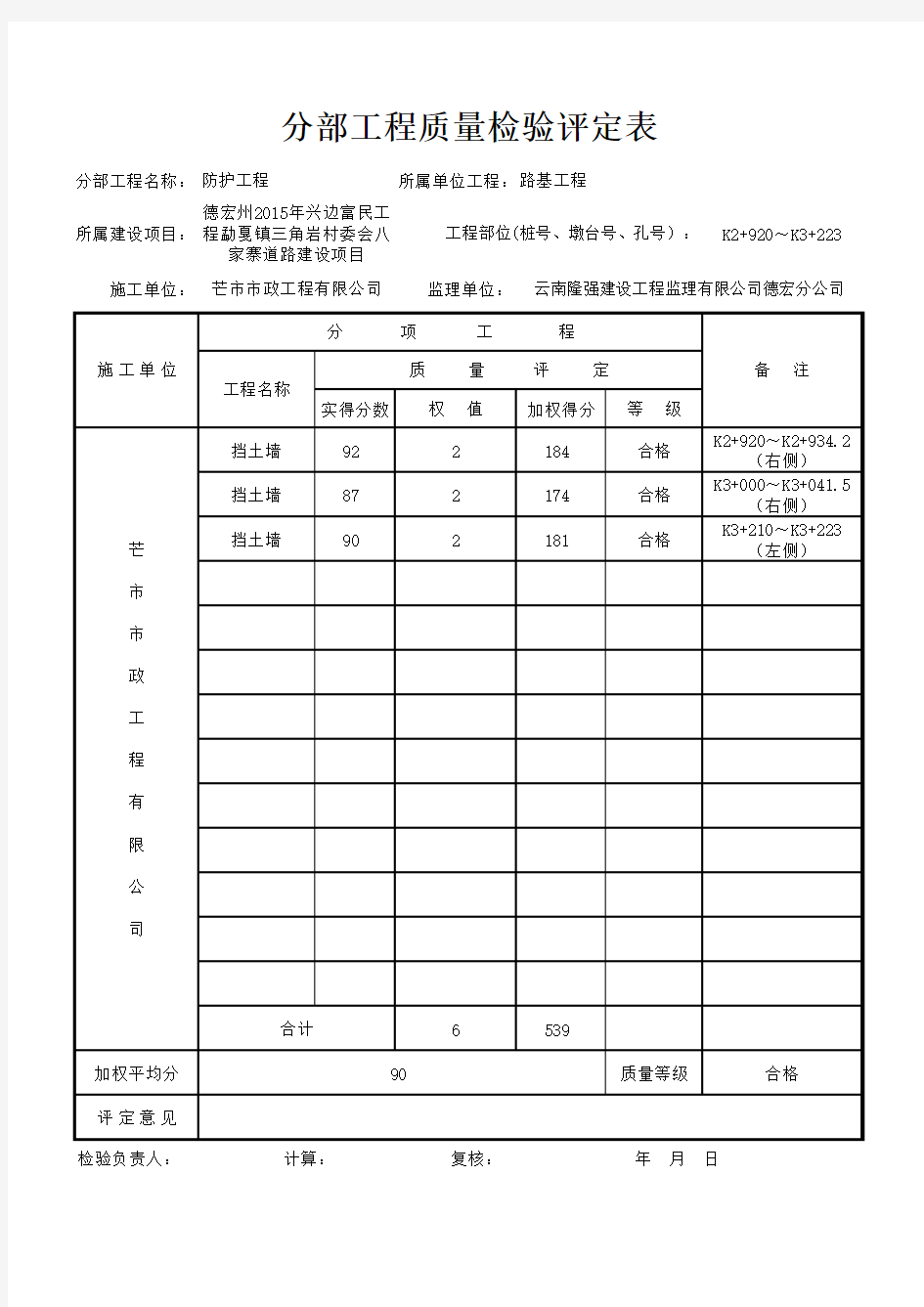 挡土墙分项评定表