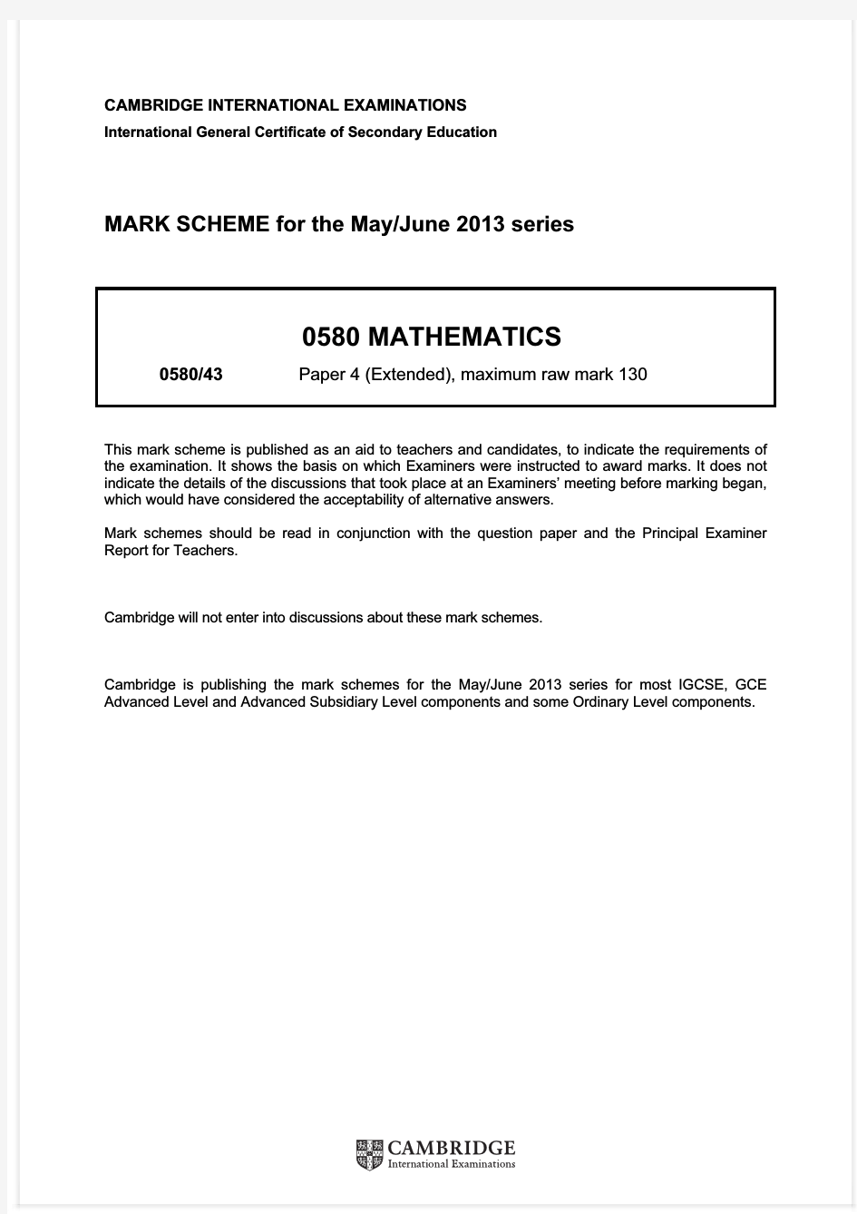 2013年CIE剑桥国际考试IGCSE数学真题答案(43)
