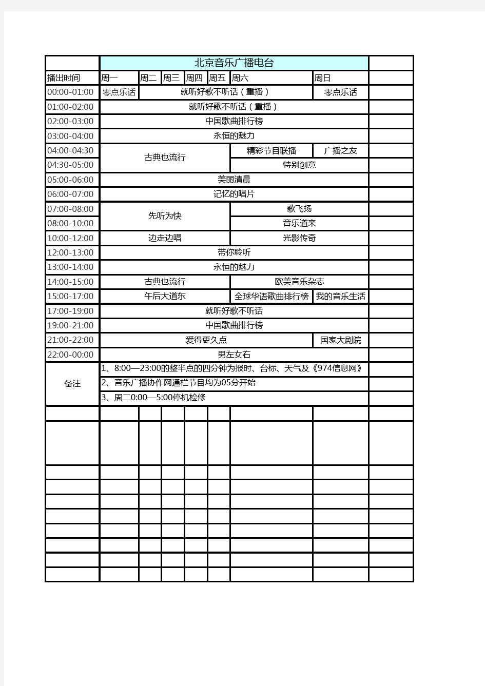 北京广播电台节目表