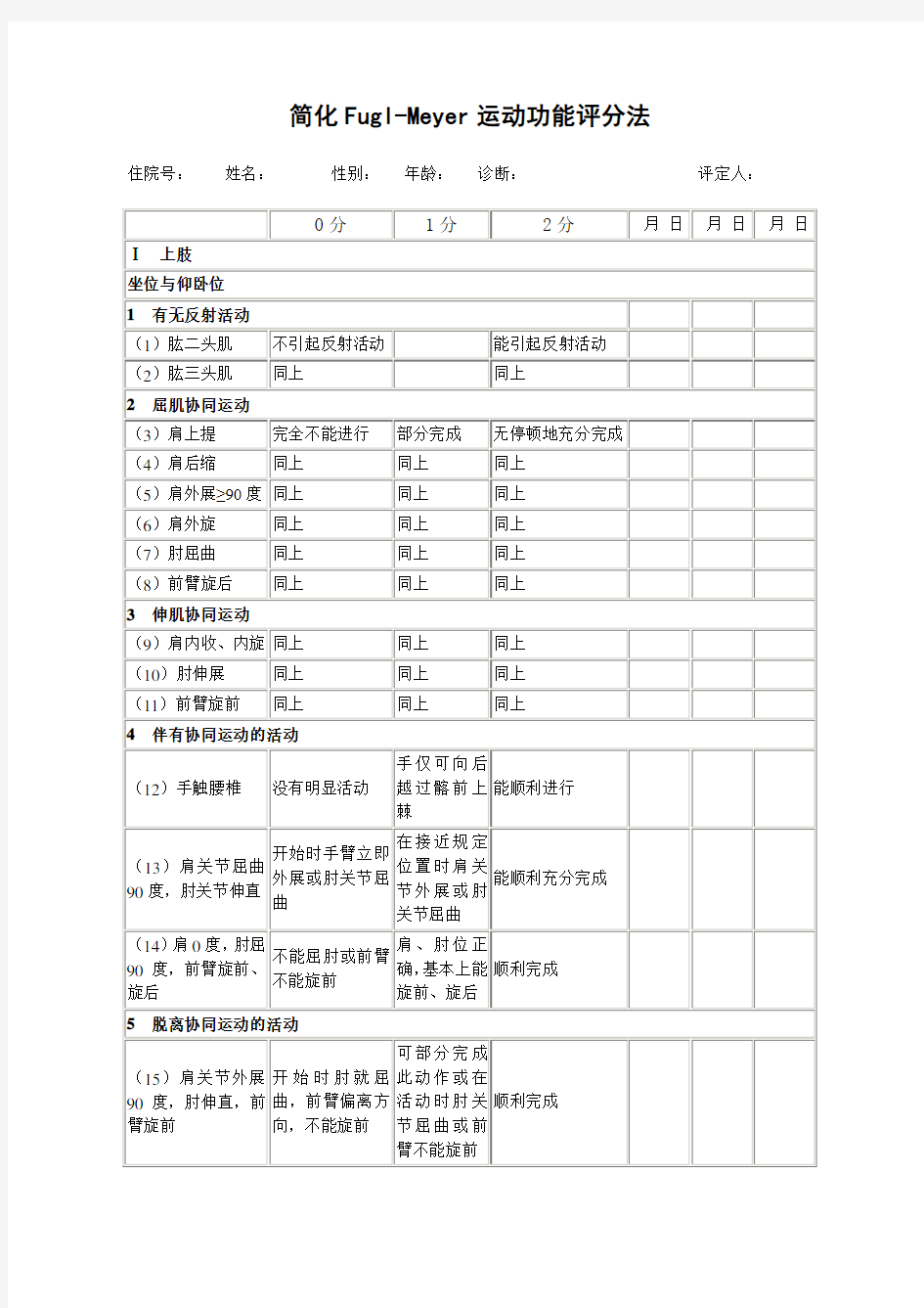 简化Fugl-Meyer运动功能评分法