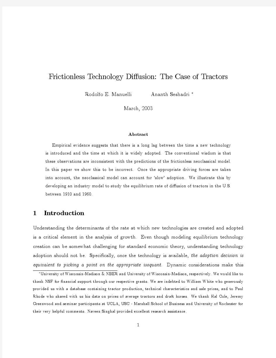 Frictionless Technology Diffusion The Case of Tractors