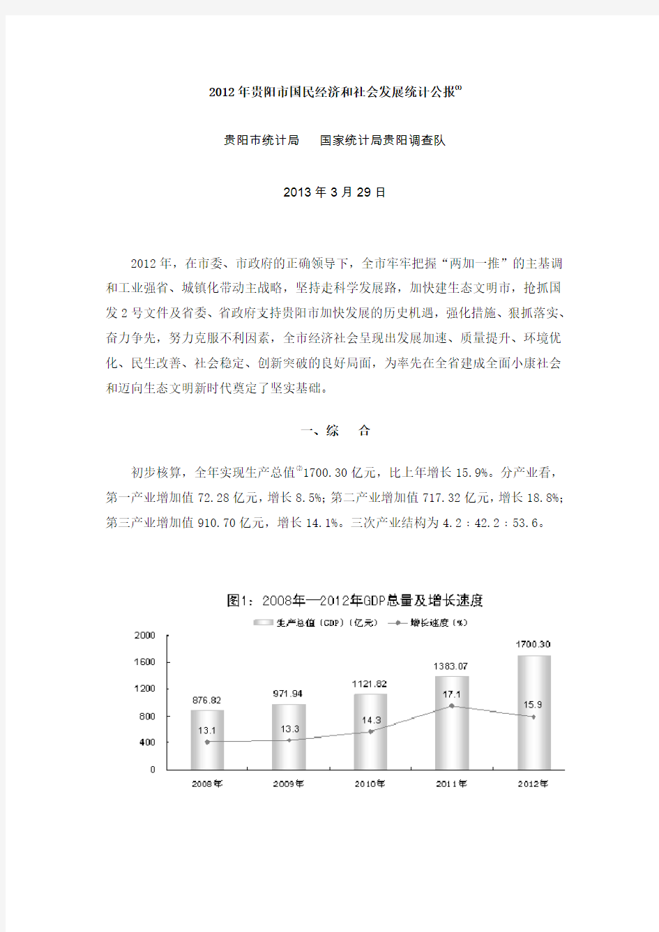 2012年贵阳市国民经济和社会发展统计公报