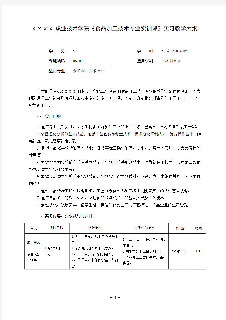 食品加工技术专业实训大纲