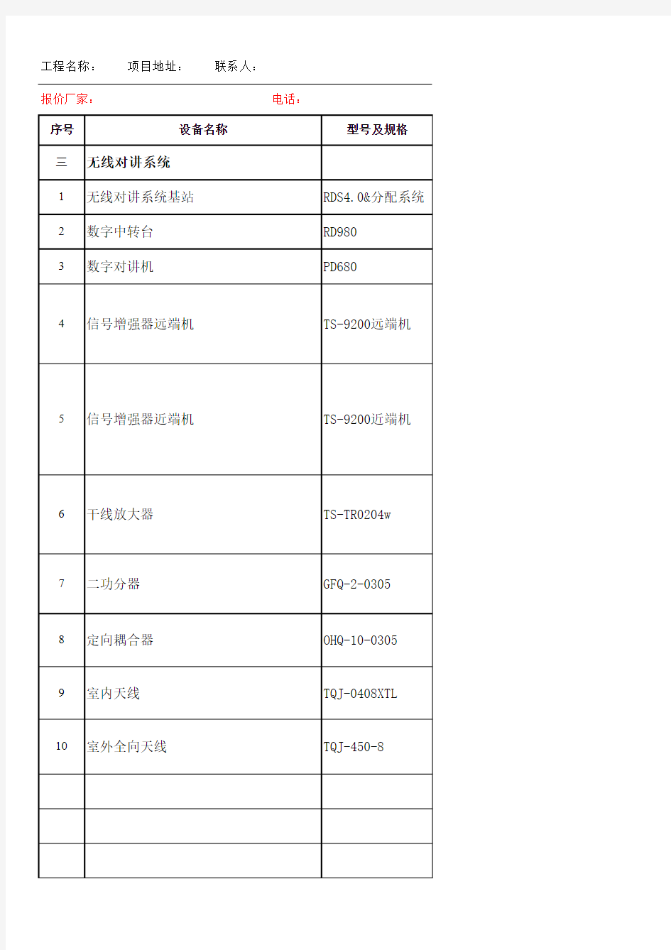 FM对讲报价清单