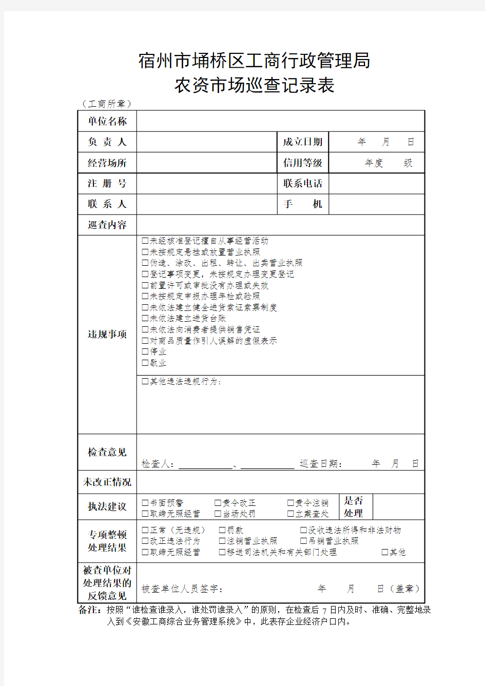 农资市场巡查记录表