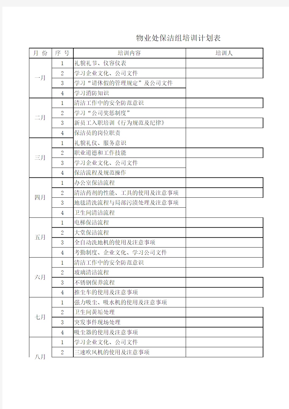 保洁员年度培训计划