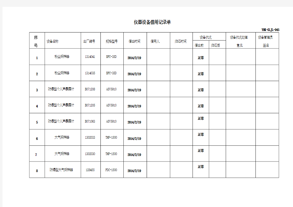 仪器设备借用记录单