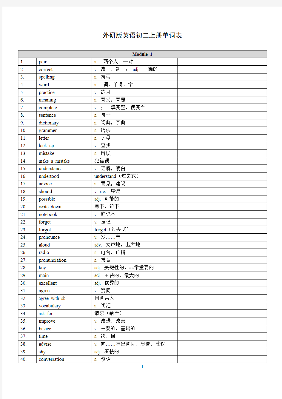 (完整版)新外研版英语八年级上册单词表(最新整理)