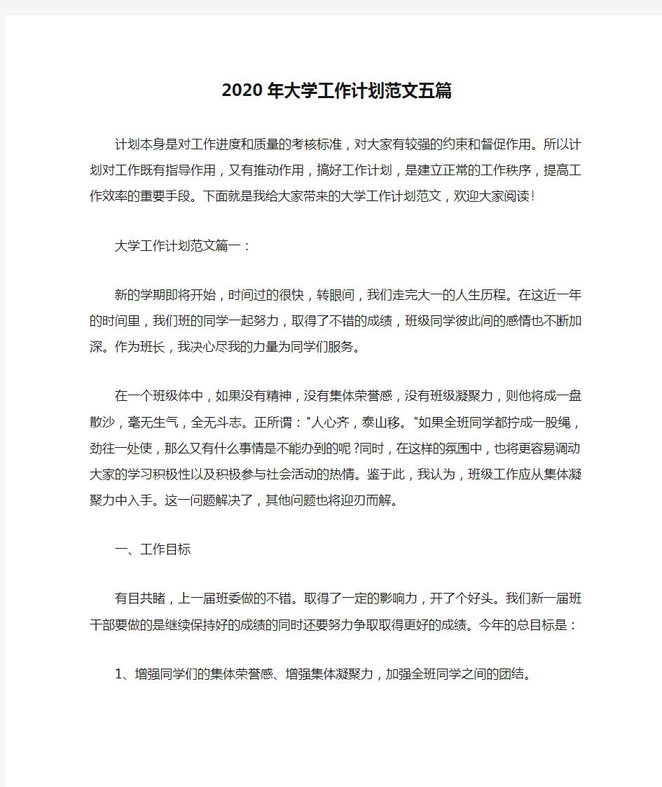 2020年大学工作计划范文五篇