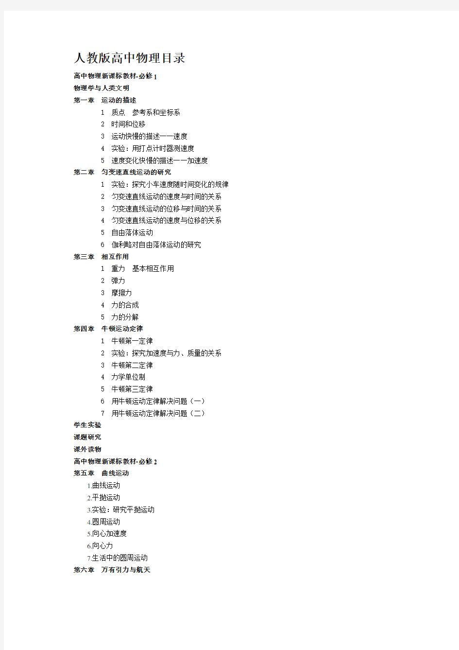 2019年整理人教版新课标高中物理全部目录资料