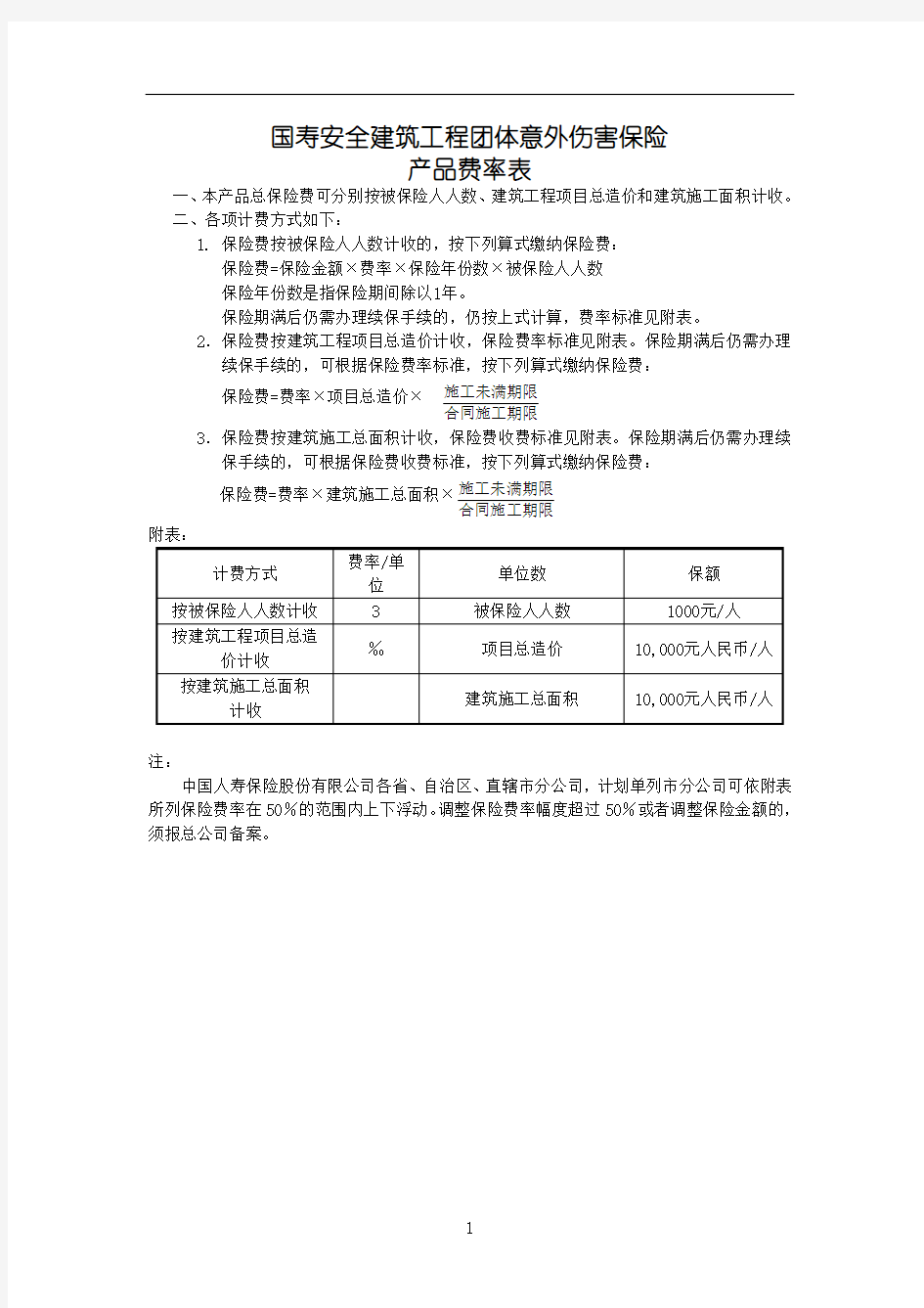 110-国寿安全建筑工程团体意外伤害保险费率表