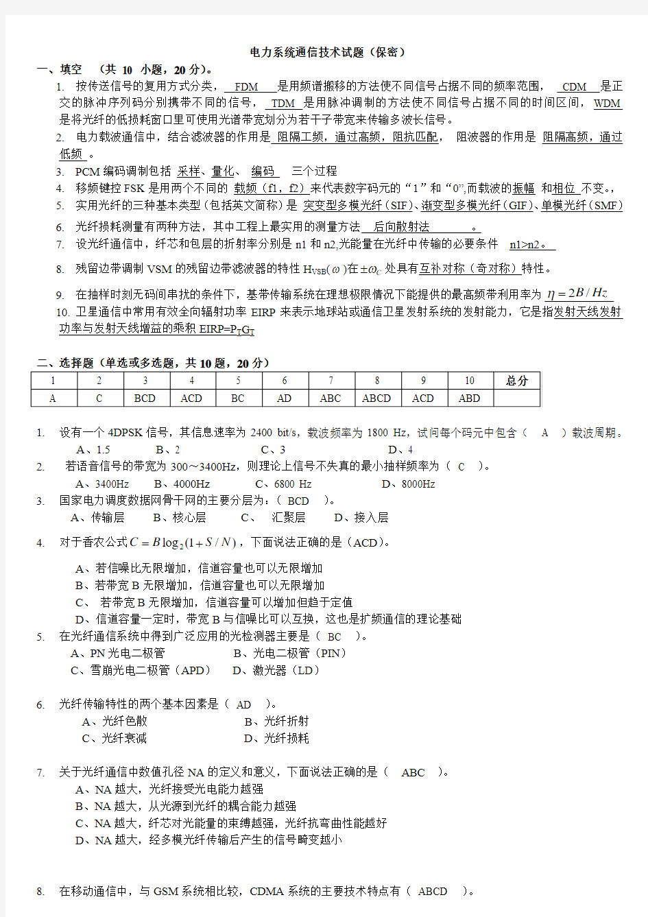 电力系统通信技术试题