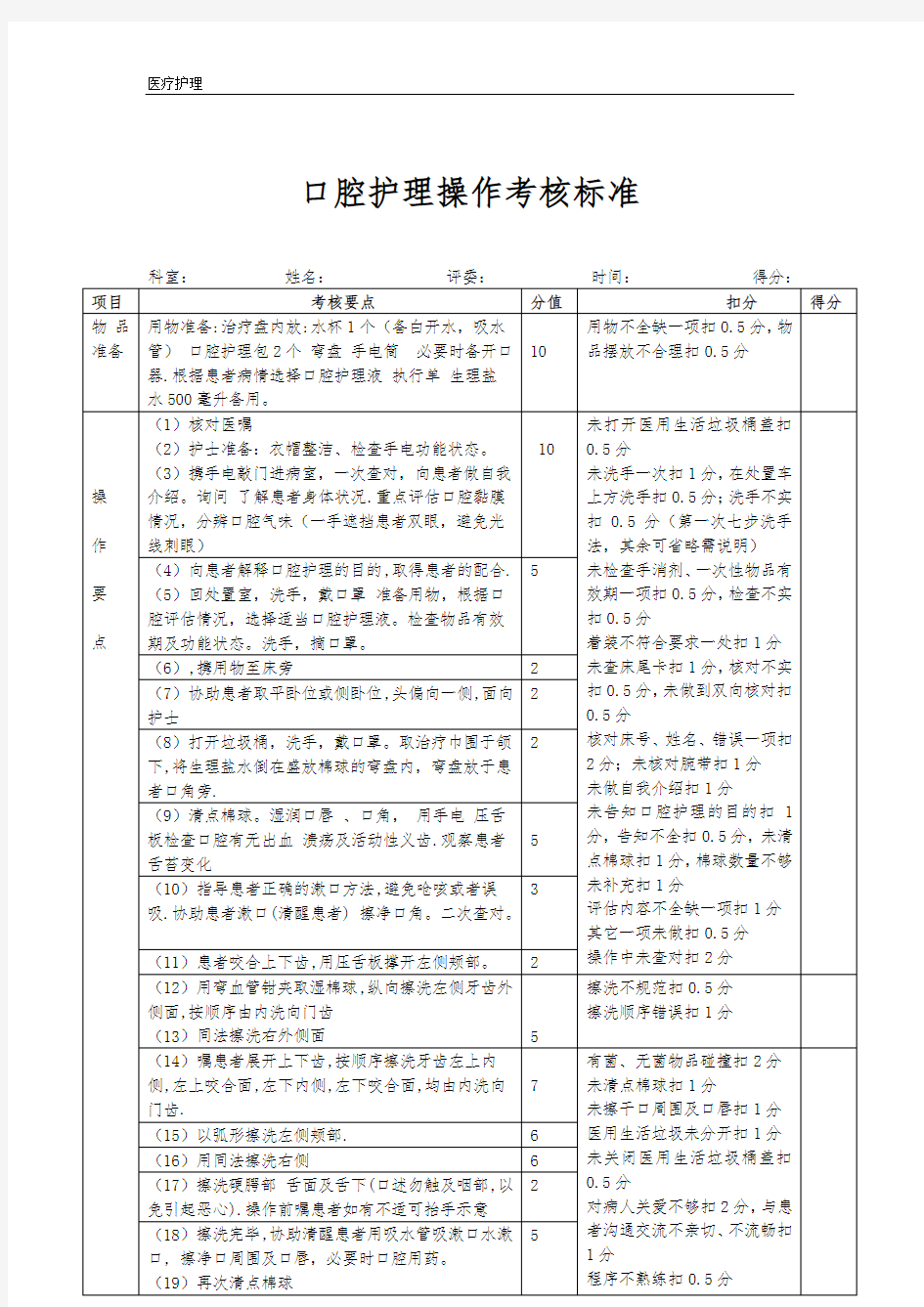 三甲医院-护理标准-口腔护理操作考核标准、语言沟通