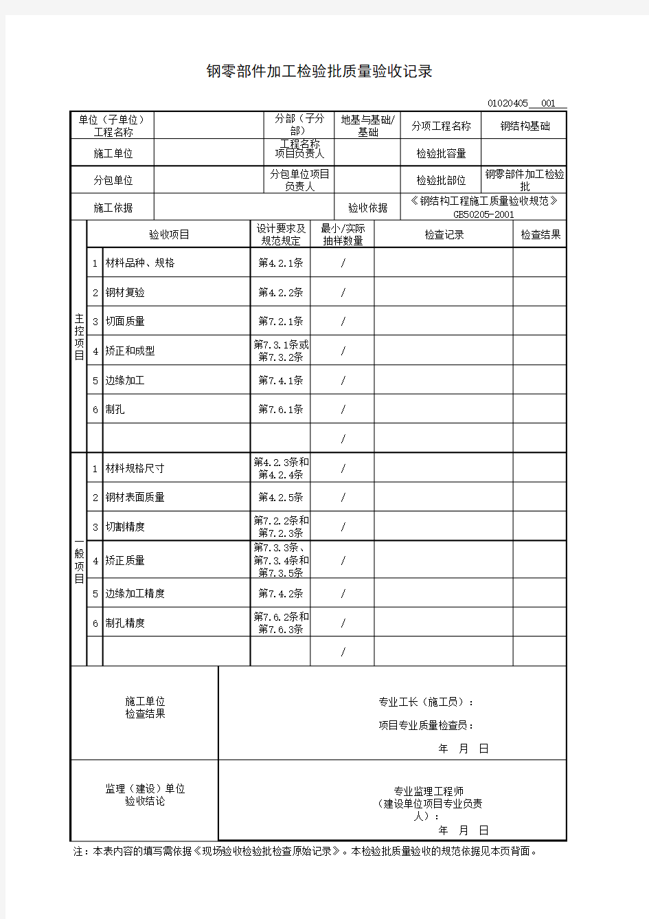 钢零部件加工检验批质量验收记录