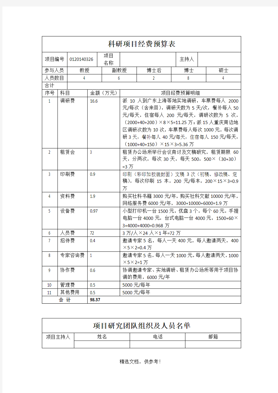 科研项目经费预算表(