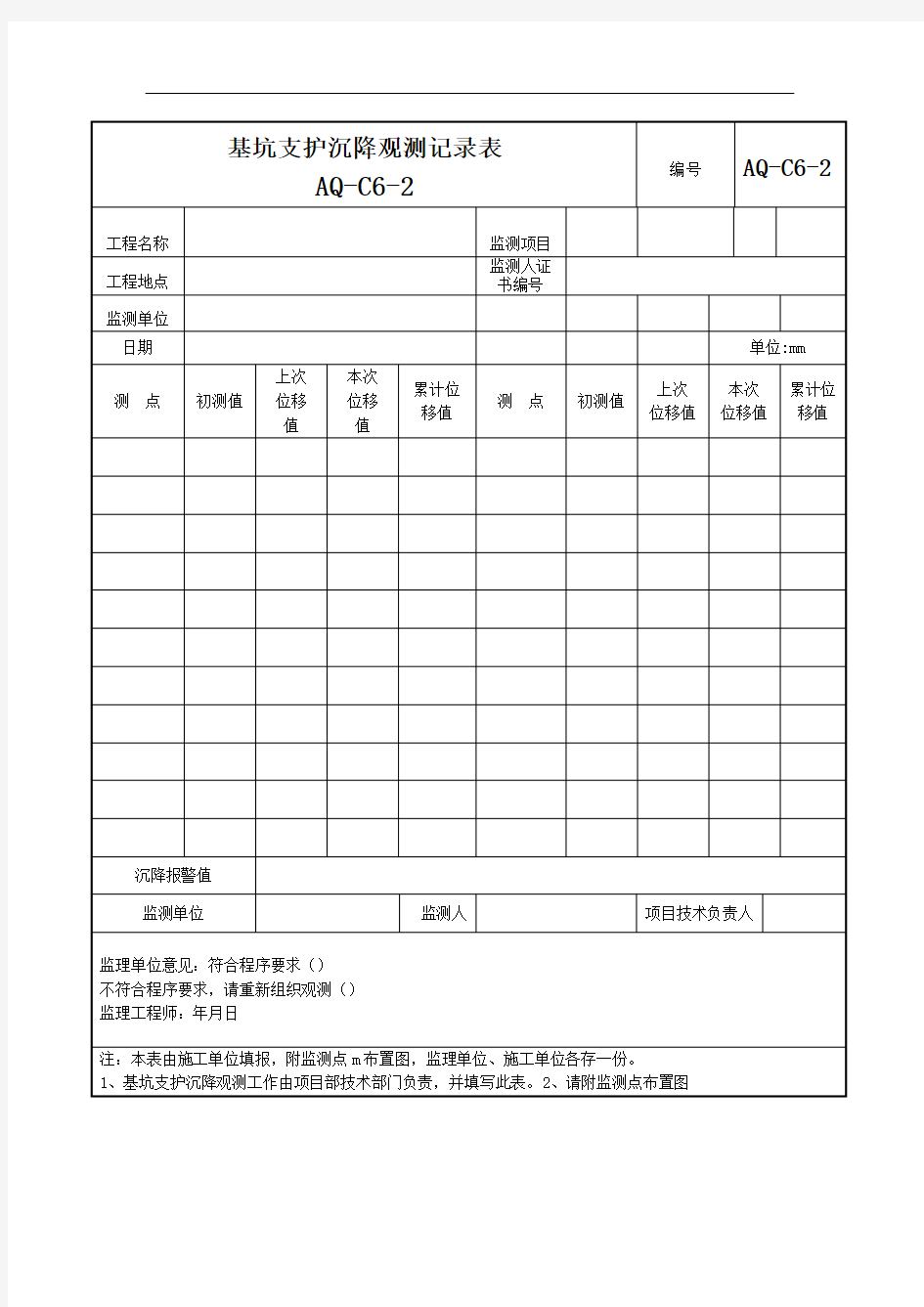 基坑支护沉降观测记录表