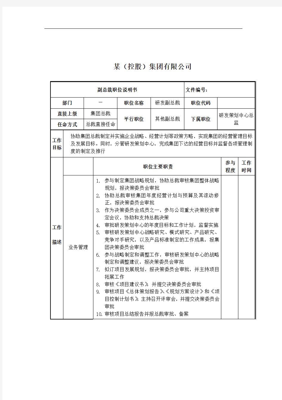 研发副总裁岗位说明书