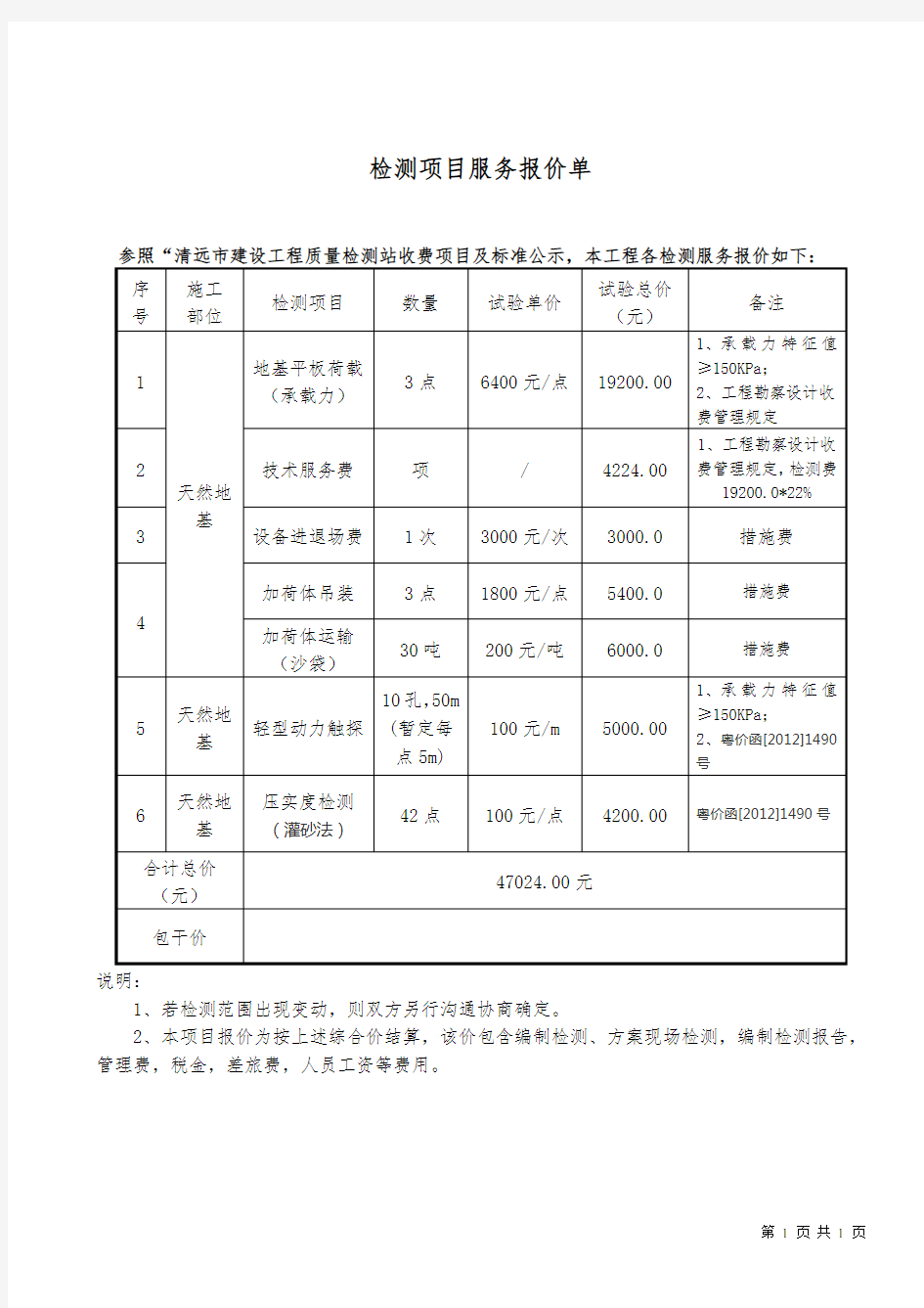 检测项目服务报价单