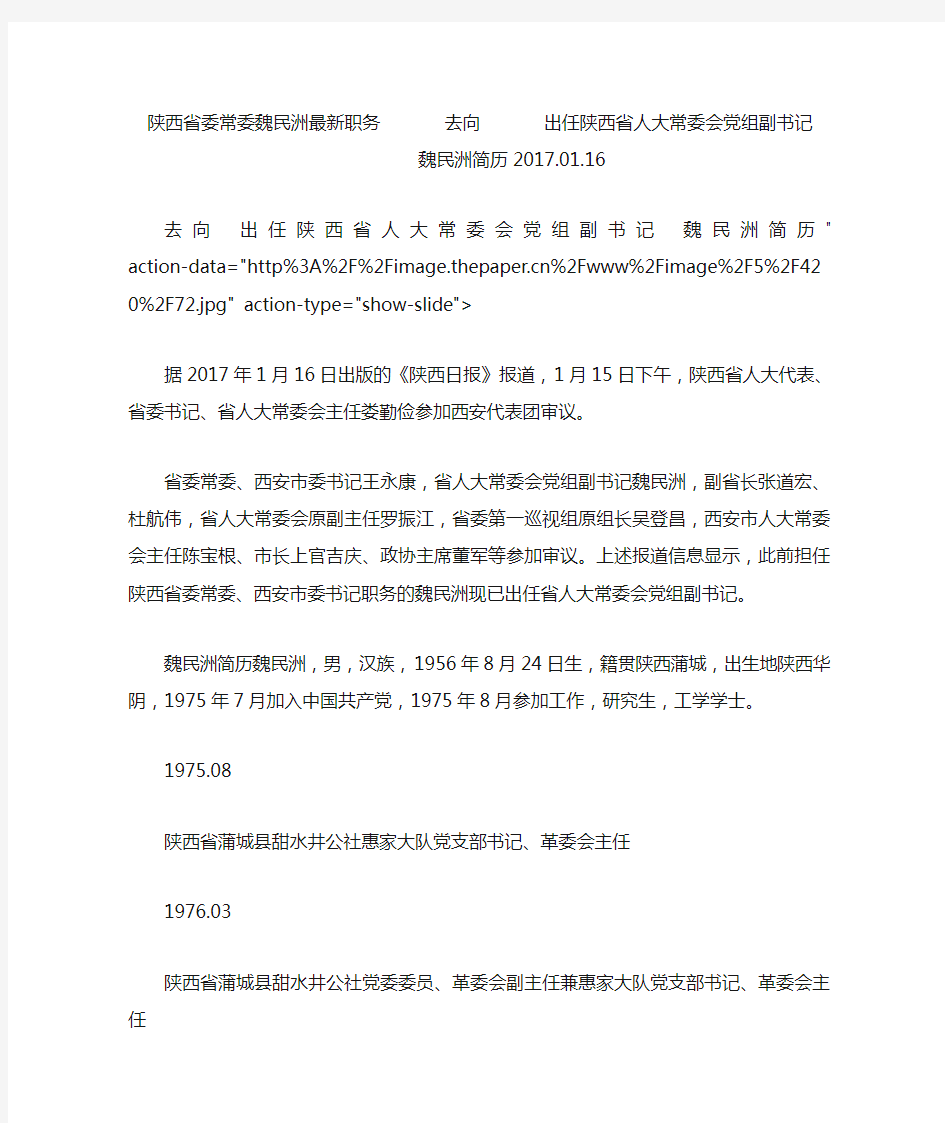 陕西省委常委魏民洲最新职务去向出任陕西省人大常委会党组副书记魏民洲简历2017.01.16