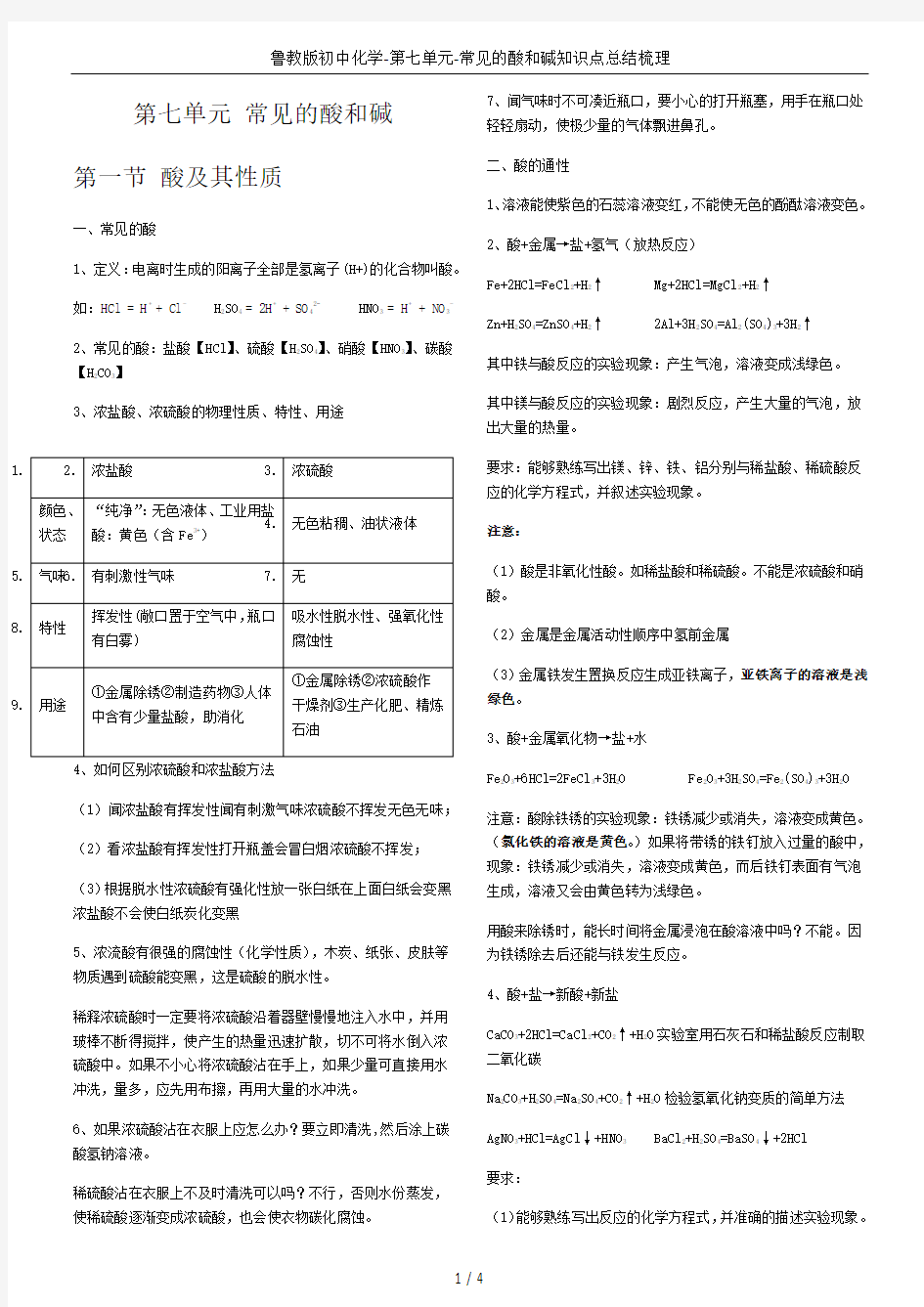 鲁教版初中化学-第七单元-常见的酸和碱知识点总结梳理