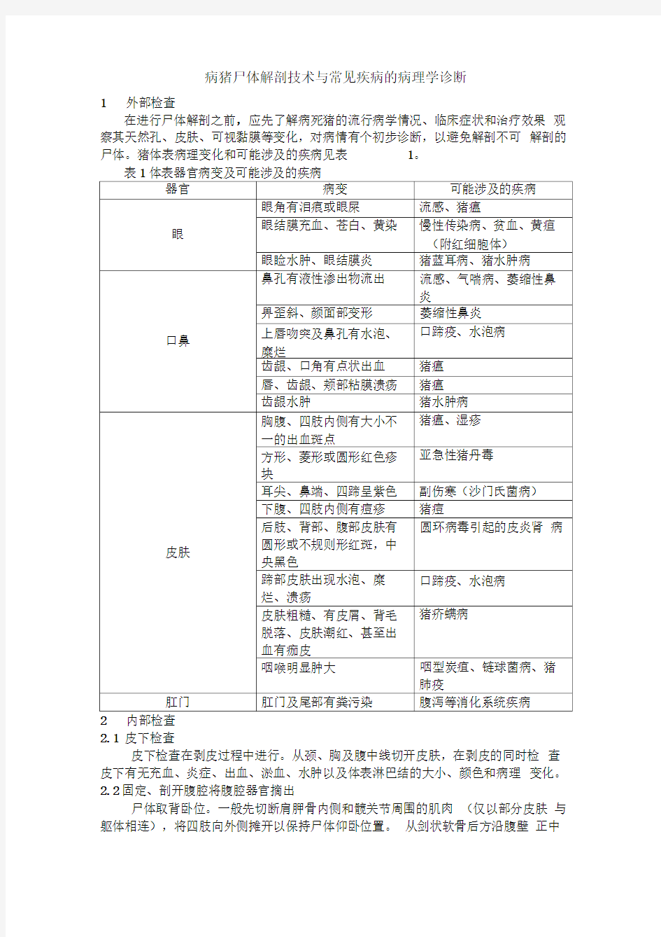 病猪尸体解剖技术与常见疾病的病理学诊断剖析