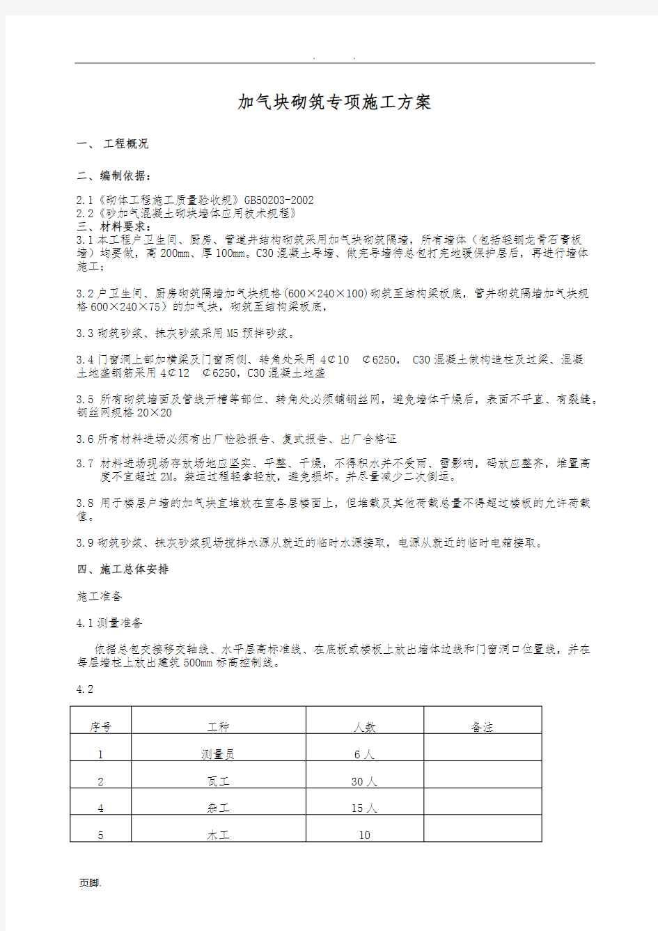 加气块砌筑工程施工组织设计方案