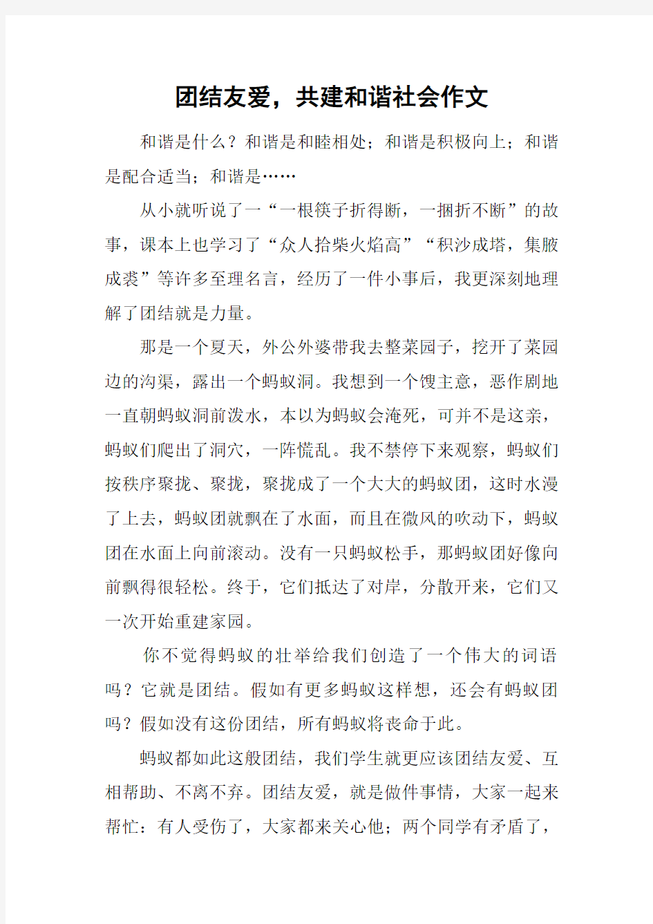 团结友爱,共建和谐社会作文