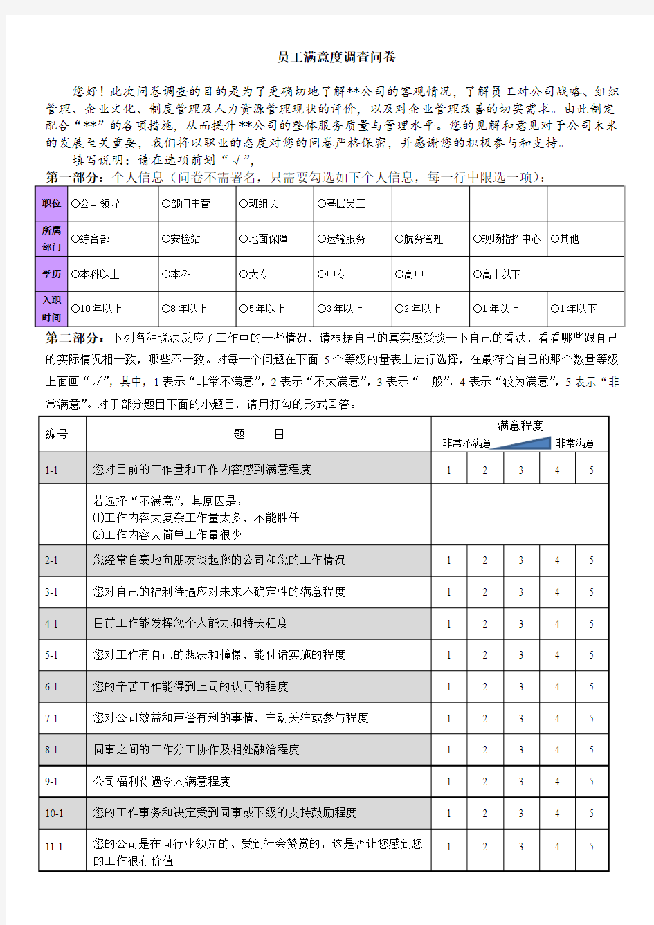 人力资源管理现状专业调查问卷