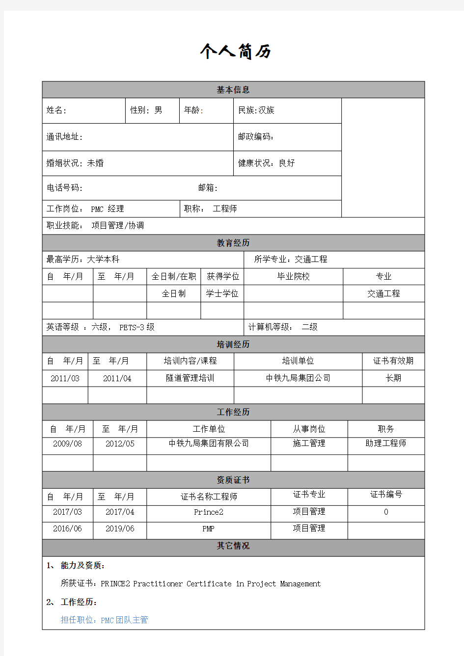 工程类个人简历模板