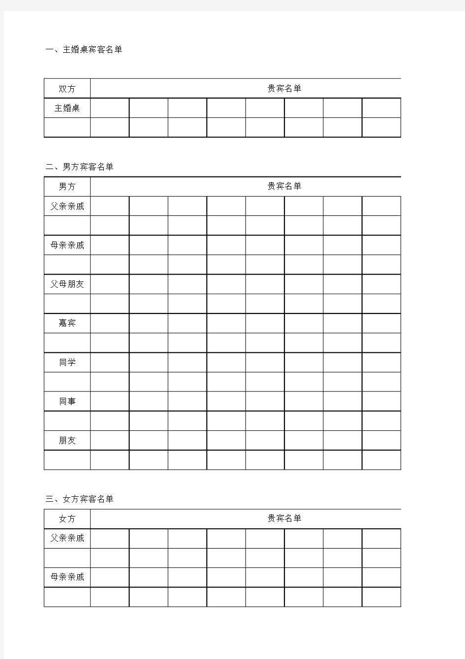 婚礼分类邀请表格