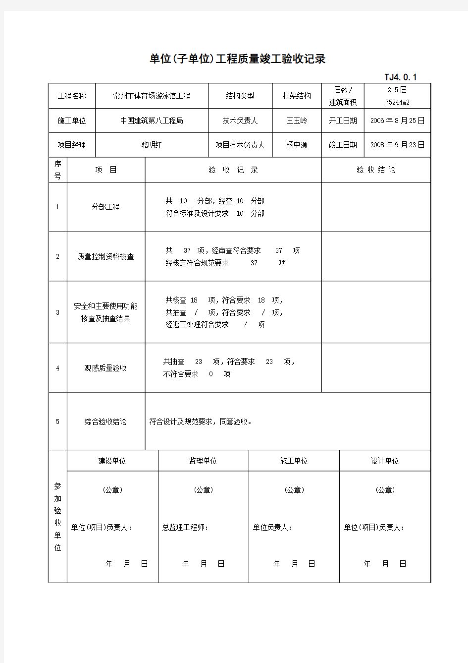 TJ4.0.1单位(子单位)工程质量竣工验收记录