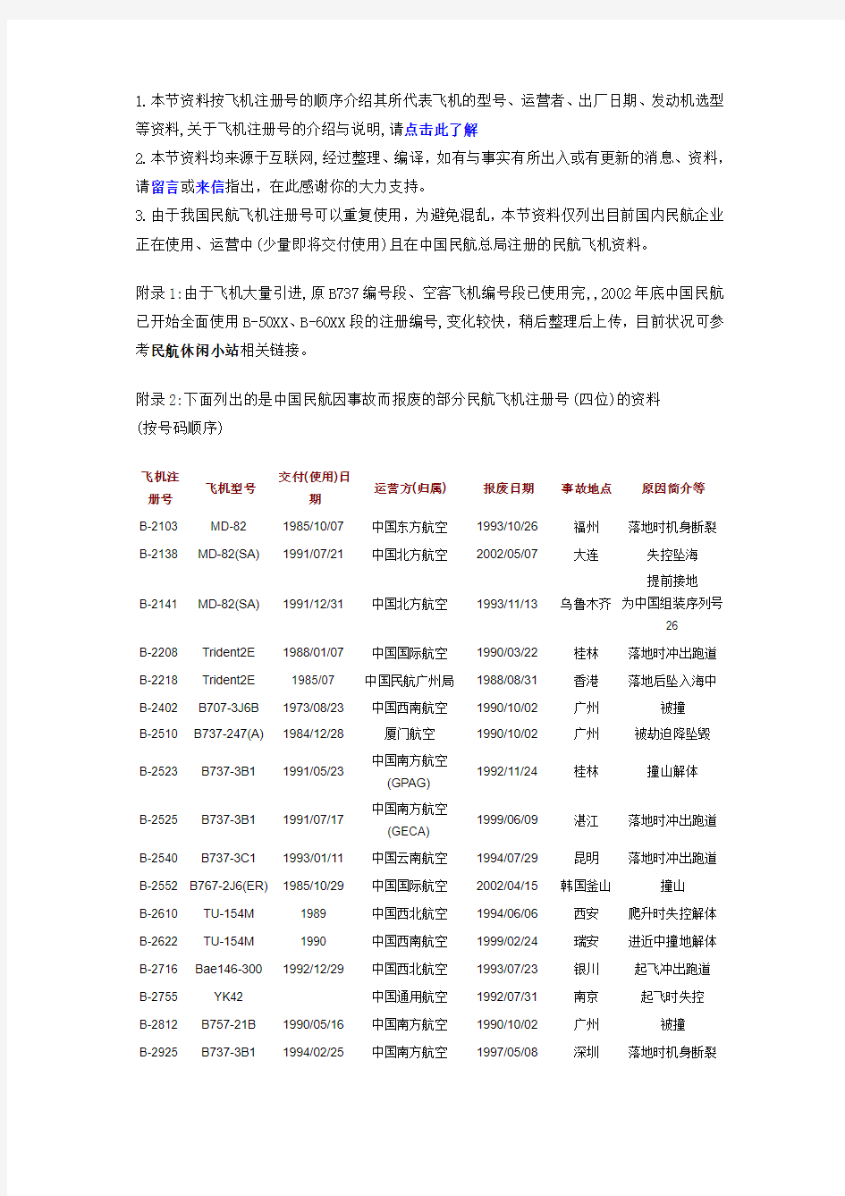 中国国内民航飞机注册号详细资料说明