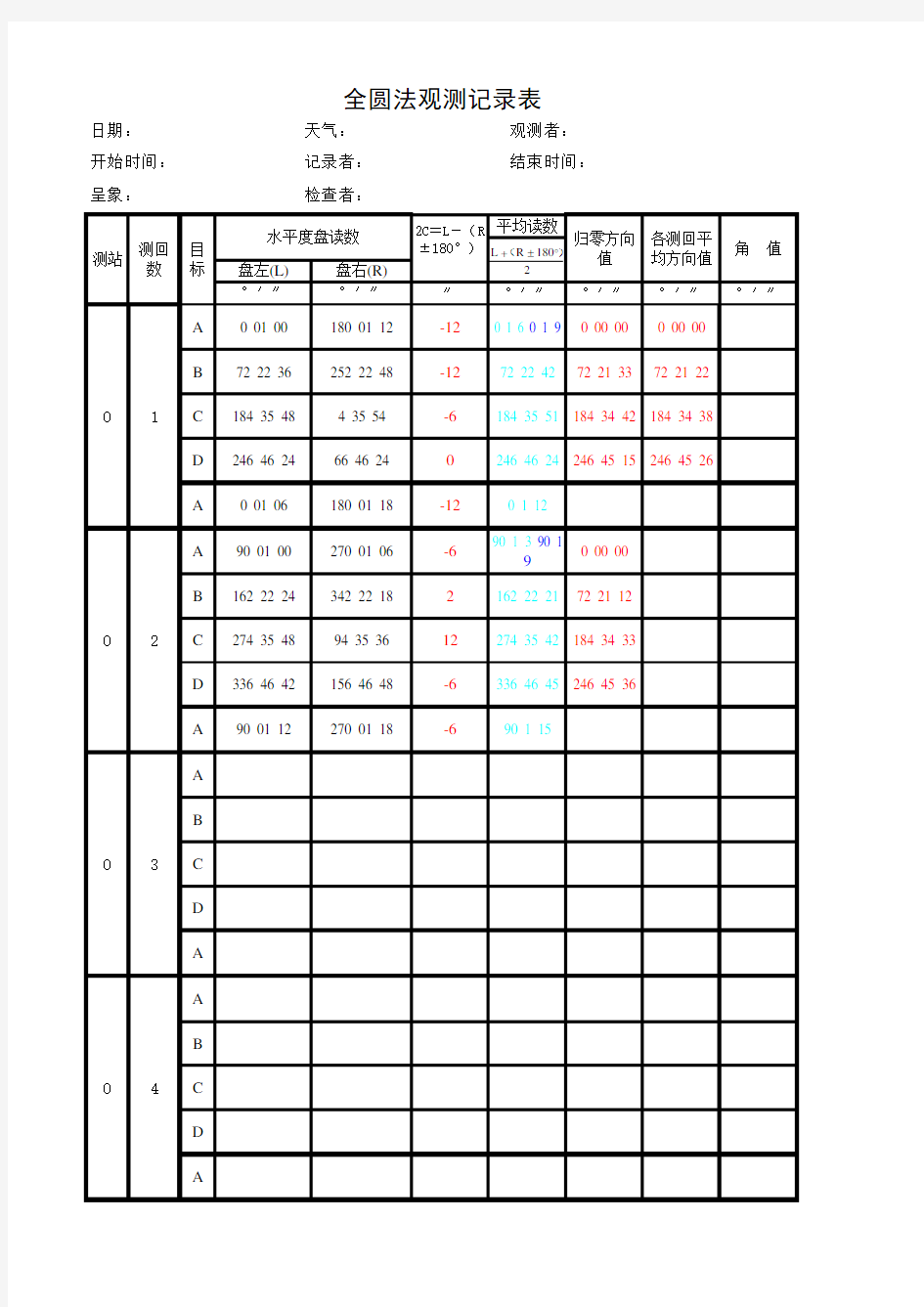 全圆法观测记录与计算