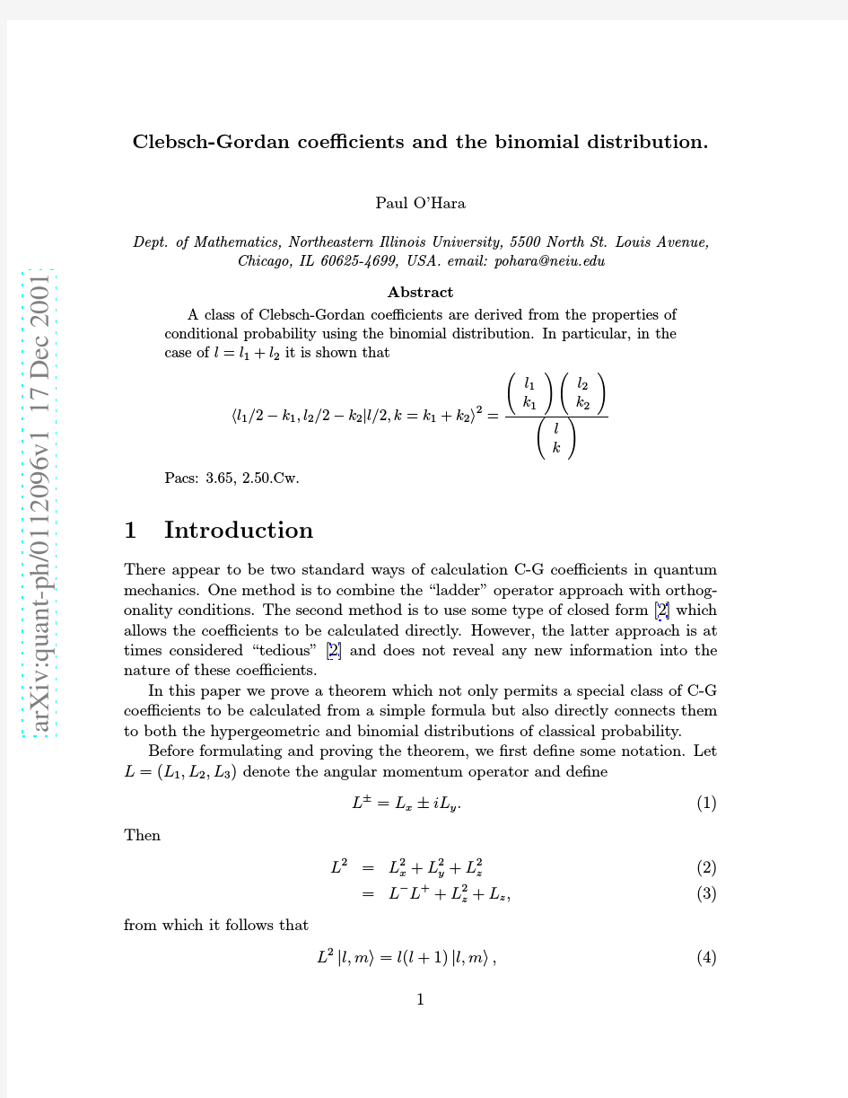 Clebsch-Gordan coefficients and the binomial distribution