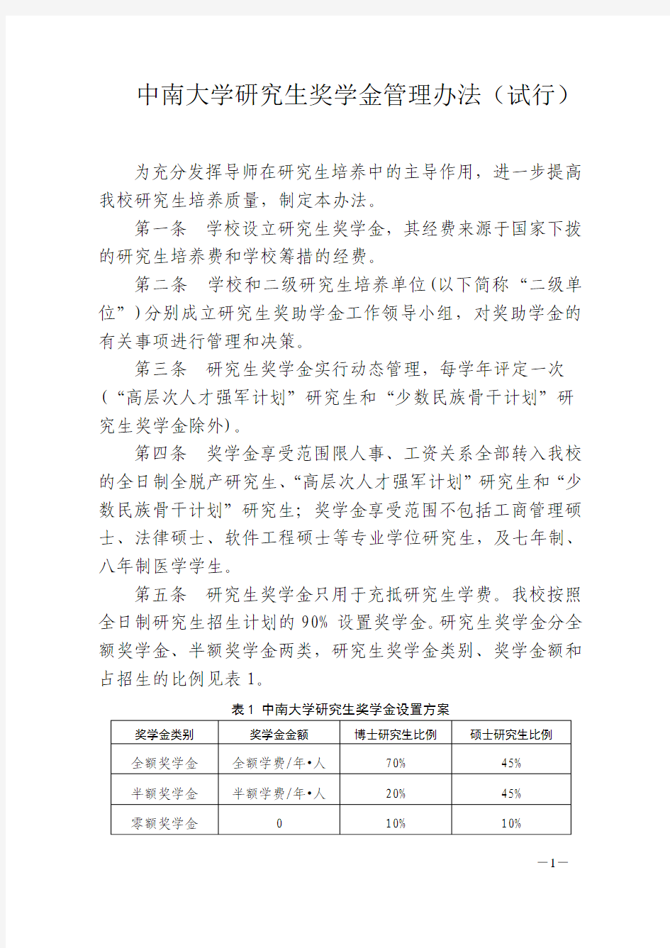 中南大学研究生奖学金管理办法(试行)