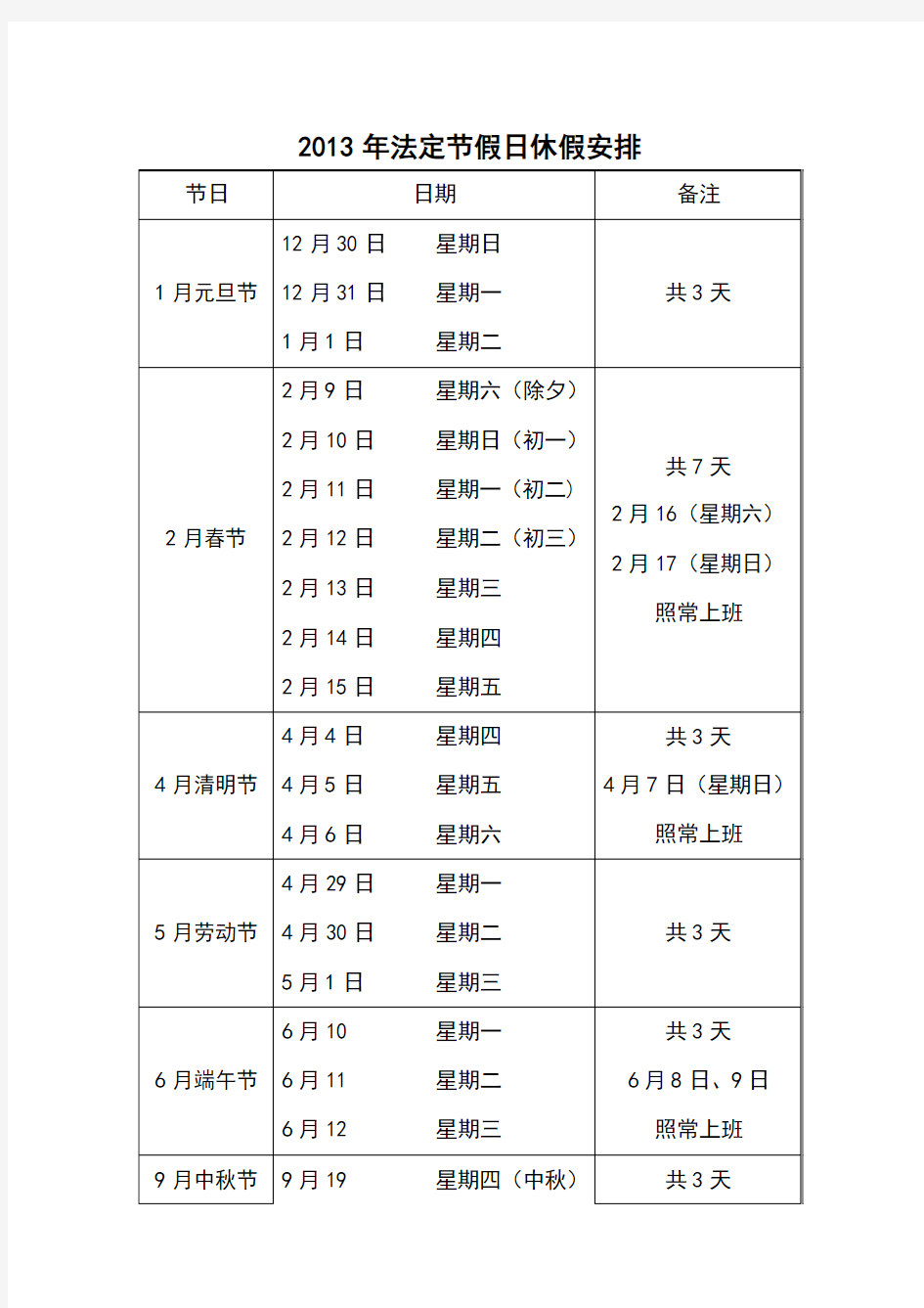 2013年法定节假日休假安排表