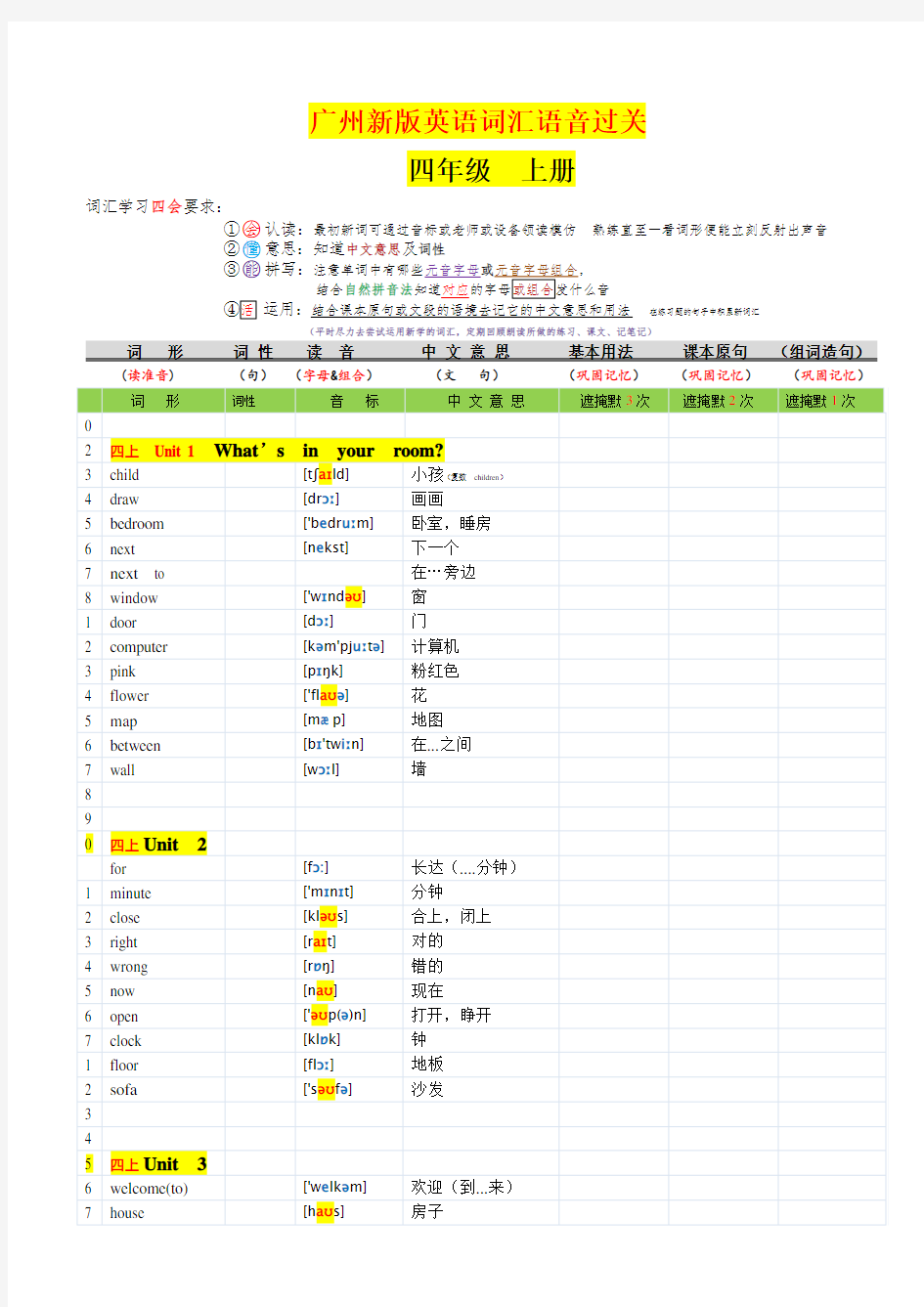 广州新版四年级上英语单词表含音标