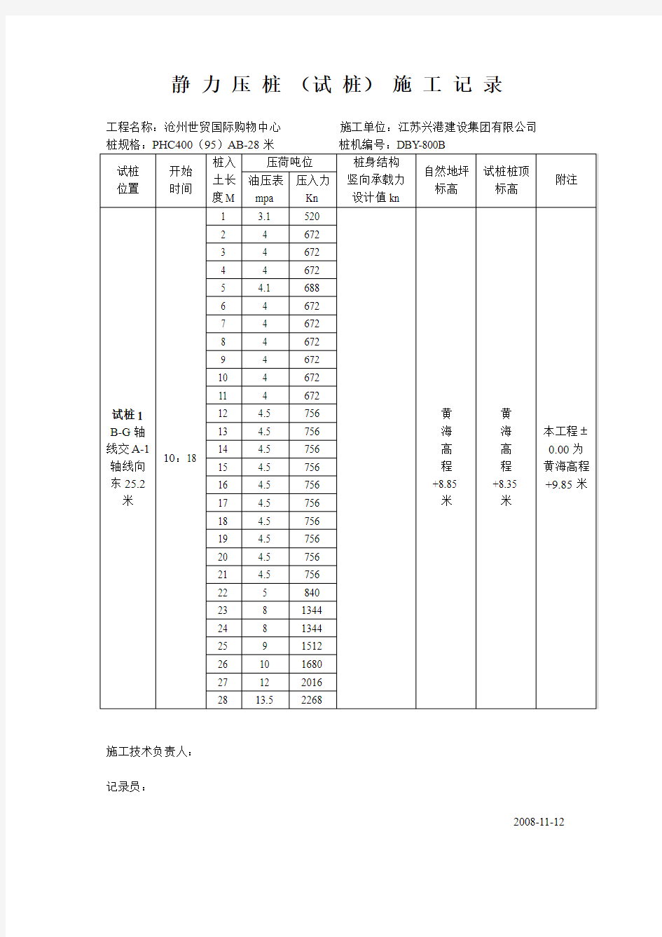 静力压桩施工记录.6根试桩doc