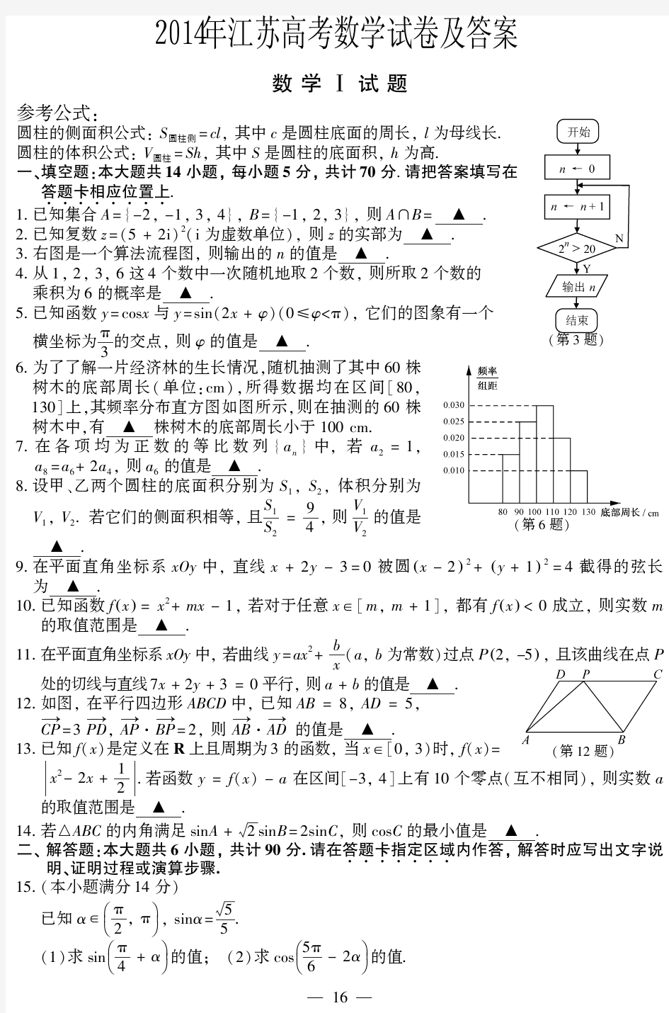 2014年江苏高考数学试卷及答案